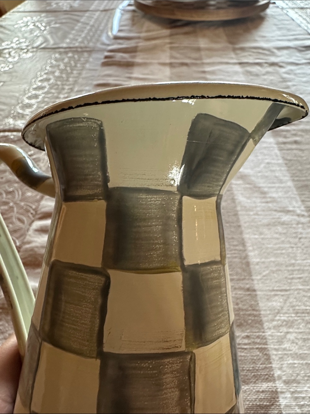 MacKenzie-Childs Checked Enamel Pitcher in Cream and Gray Sterling pattern NWT - Picture 12 of 12